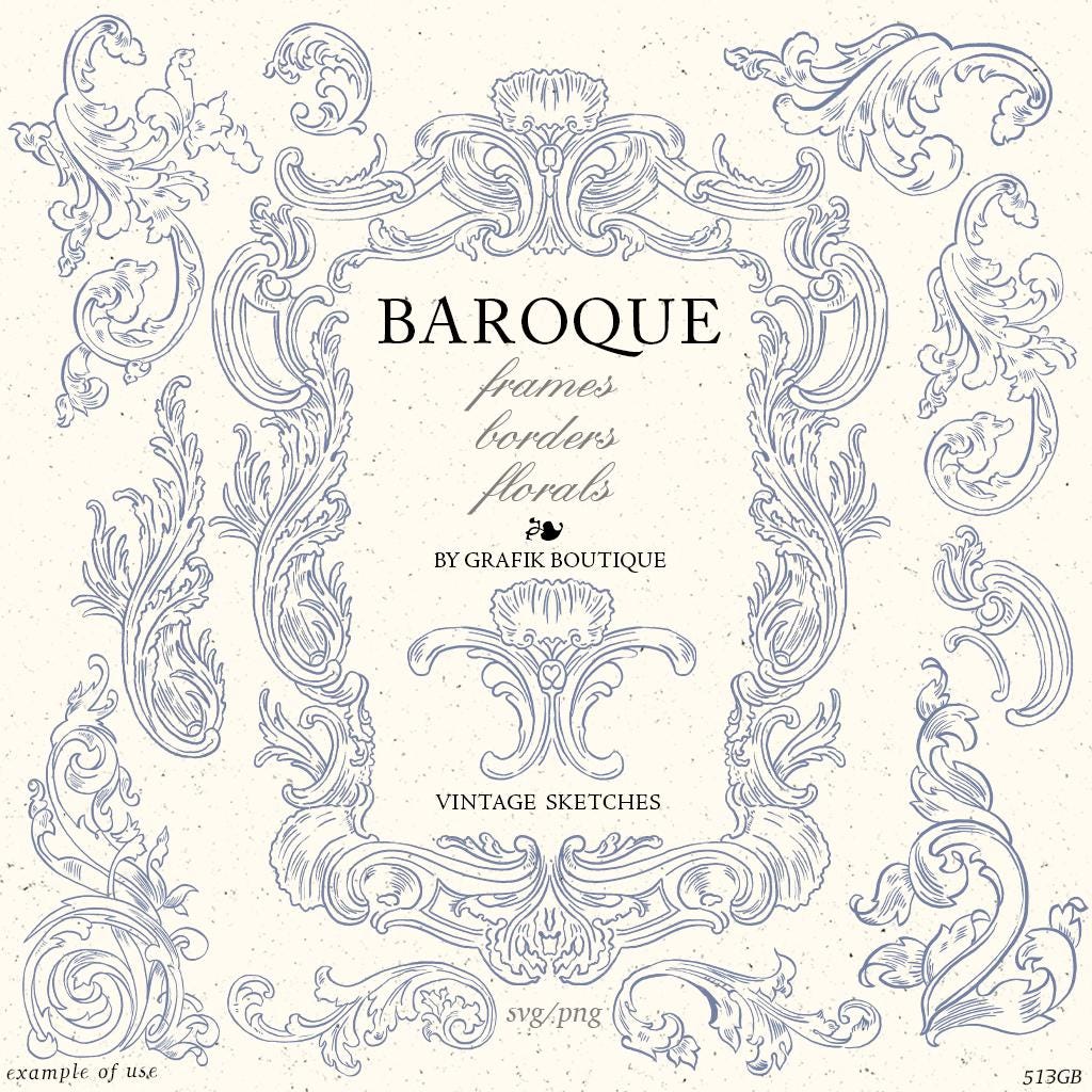 Baroque vintage clip art, rococo frames, wedding crest borders acanthus ornament chinoiserie florals artisan toile de jouy letterpress 513GB