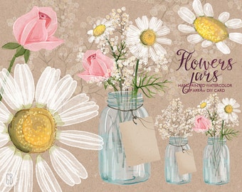 Watercolor chamomile mason jar, baby breath, cream rose, camomile flower, handpainted, bouquet florals, clip art, invite diy card. 256GB