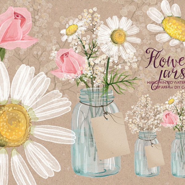 Watercolor chamomile mason jar, baby breath, cream rose, camomile flower, handpainted, bouquet florals, clip art, invite diy card. 256GB