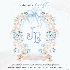 Crest watercolor, wedding crest, monogram letters, watercolor alphabet, vintage blue DIY nursery baby room decoration PNG clip art. 407GB