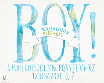 Watercolor digital hand painted alphabet blue baby boy blogging reveal shower clip art initial monogram letters numbers diy card. 165GB