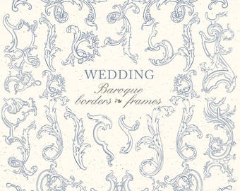 Baroque vintage clip art, rococo frames, wedding crest borders acanthus ornament chinoiserie florals artisan toile de jouy letterpress 514GB