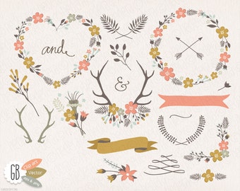Folk flower wreaths, floral clip art, heart shaped wreath, antlers, overlay, laurels, borders, weddings birthday stationery clip art. 096GB