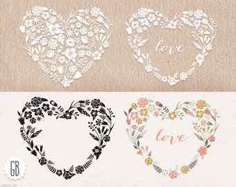 Floral heart shaped wreaths, papel picado clip art, heart vector, pastel beige white silhouette love hearts outline. Instant download. 107GB