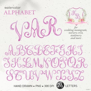 Wedding crest letters, monogram watercolor script alphabet, handpainted vintage light pink DIY crest baby initials PNG clip art. 319GB C