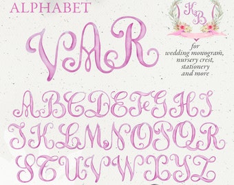 Wedding crest letters, monogram watercolor script alphabet, handpainted vintage light pink DIY crest baby initials PNG clip art. 319GB C