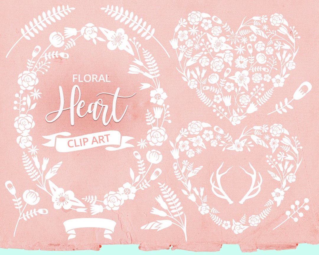 Floral Heart Shaped Wreath White Lace Vector Clip Art. Blush Pink ...