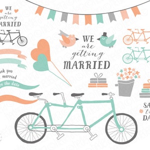 Bicicleta tandem clip art, balões em formato de coração, cesta de flores, pássaros, guirlanda, recém-casados, salve a data, convite, coral menta. 022GB