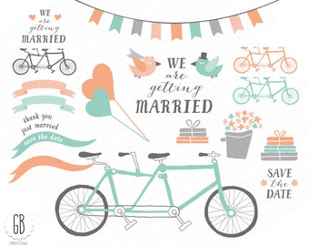 Tandem bicycle clip art, heart shaped balloons, flower basket, birds, garland, just married, save the date, invitation, mint coral. 022GB