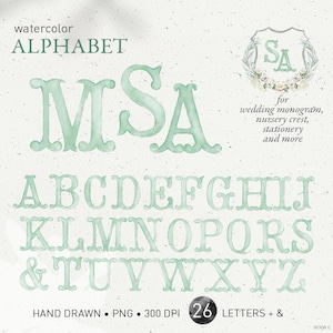Wedding monogram letters, crest watercolor alphabet, vintage dusty light sage DIY crest baby initials, family crest, PNG clip art. 303GB C