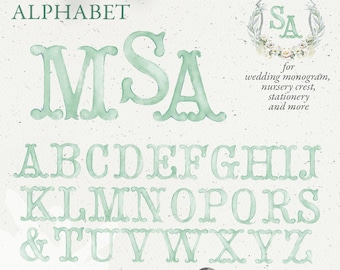 May include: Watercolor alphabet in a light green color with a decorative border. The letters are uppercase and include an ampersand. The letters M, S, and A are shown in a larger size. The text "watercolor alphabet" and "HAND DRAWN. PNG. 300 DPI. 26 LETTERS + &" are also included in the image.