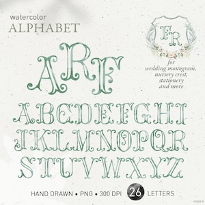 Wedding crest letters, monogram watercolor alphabet, vintage sage DIY fishtail tuscan crest baby initials family crest PNG clip art. 320GB B