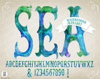 Watercolor digital hand painted alphabet SEA writing blue aqua mermaid nautical navy collage printing png clip art letters numbers. 164GB