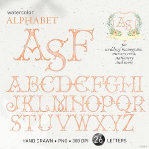 Wedding crest letters, monogram watercolor alphabet, vintage DIY fishtail antique crest baby initials family crest, PNG clip art. 322GB D