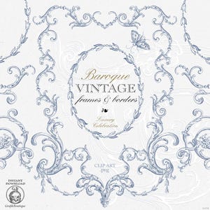 May include: Digital clip art featuring baroque vintage frames and borders in shades of blue and white. The design includes ornate scrollwork, floral elements, and a butterfly. Text reads "Baroque Vintage frames & borders" and "Luxury Celebration".