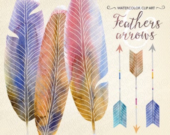 Watercolor feathers and arrows, hand painted, tribal clip art, invite, diy invitation, party stationery, instant download