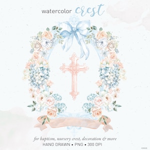 Wappen Aquarell, Taufe Wappen, Clip Art, vintage christliches Kreuz, blau Pfirsich DIY Kinderzimmer Babyzimmer, PNG. 408GB