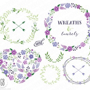 Floral wreath, laurels, ribbon, clip art, wild flowers, muscari, purple, lavender, antlers, arrows, feather, birthday card, party stationery