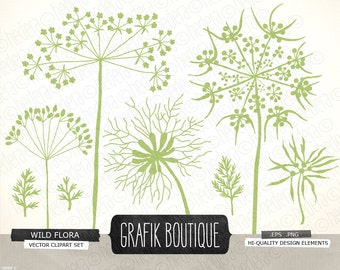 Wild herbs flowers silhouette vector clip art, queen anne's lace, wildflower, herb, plant, dandelion vector files. Instant download. 082GB