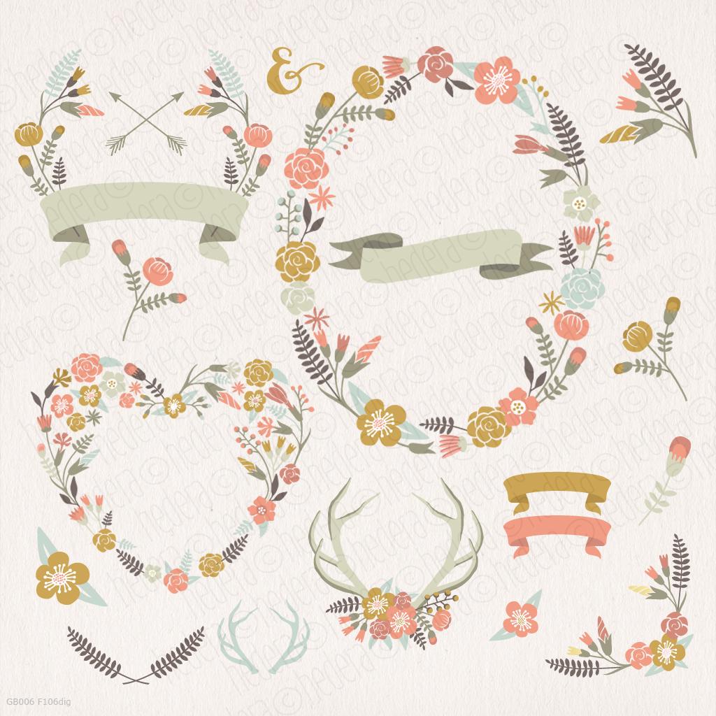 Floral wreaths, flower heart, antlers, pastel color, clip art, vector, laurels banners borders, wedding cards. Instant download. 106GB