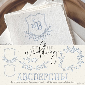 Clip-art de convite de casamento. Silhuetas vetoriais florais elementos azuis svg. Alfabeto de crista aquarela. Papelaria DIY svg png instantâneo. 502GB F