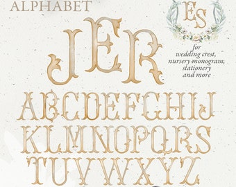 May include: Watercolor alphabet with 26 letters in a decorative, ornate style. The letters are in a light brown color with a textured, watercolor effect. The letters are arranged in alphabetical order. The text "watercolor alphabet" and "HAND DRAWN. PNG 300 DPI 26 LETTERS" is also included in the image.