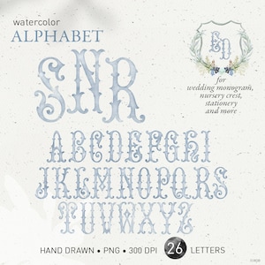 Wedding crest letters, monogram watercolor alphabet, vintage blue DIY fishtail tuscan crest baby initials, family crest, PNG clip art. 318GB