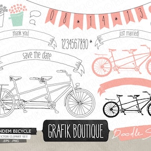 Tandemfiets roze handgetekende vectorillustraties, bruiloft, bloemen, bewaar deze datum, label, uitnodiging