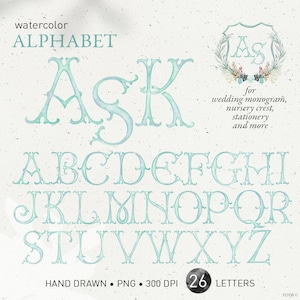 Wedding crest letters, monogram watercolor alphabet, vintage teal DIY fishtail crest baby initials family crest, PNG clip art. 322GB C