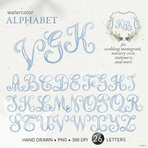 Wedding crest letters, monogram watercolor script alphabet, handpainted vintage dusty blue DIY crest baby initials PNG clip art. 319GB B