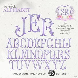 Wedding crest letters, monogram watercolor alphabet, DIY crest baby initials, vintage dusty light purple, family crest, PNG clip art. 307GB