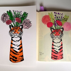 Tiger Vase Flowers A4 6 Colour Screenprint 220gsm White Paper image 4