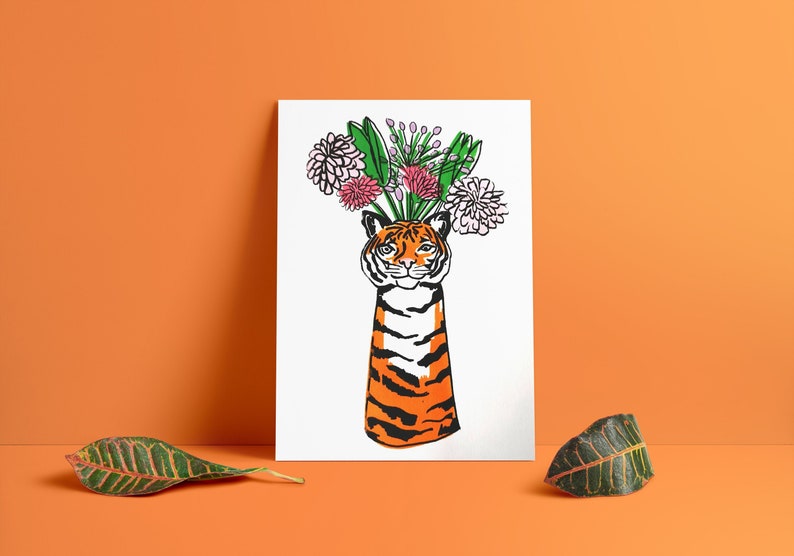 Tiger Vase Flowers A4 6 Colour Screenprint 220gsm White Paper image 1