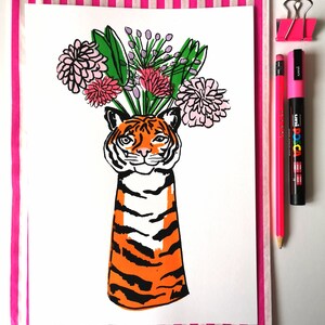 Tiger Vase Flowers A4 6 Colour Screenprint 220gsm White Paper image 2