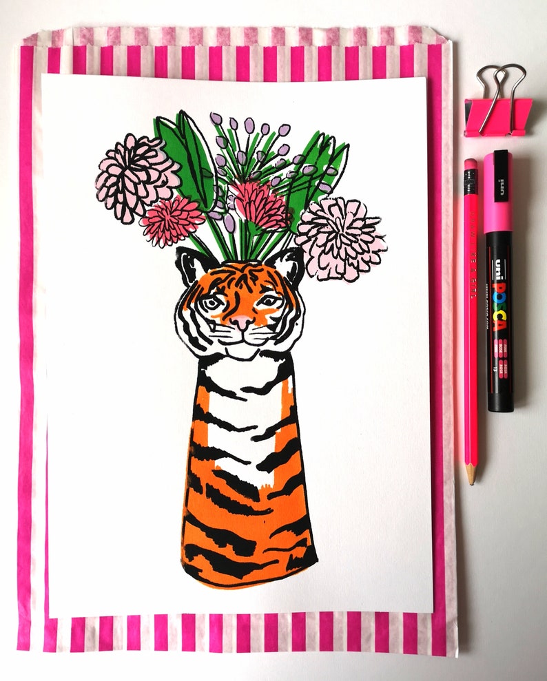 Tiger Vase Flowers A4 6 Colour Screenprint 220gsm White Paper image 2
