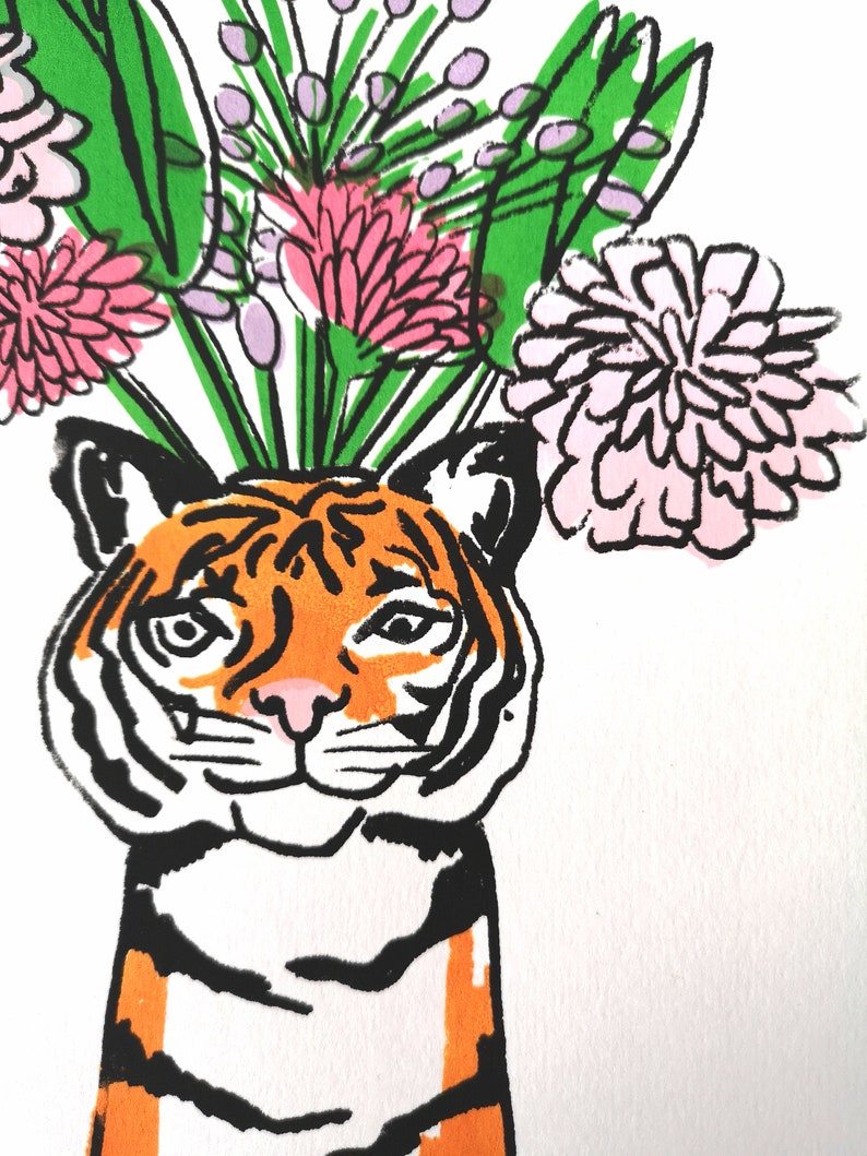 Tiger Vase Flowers A4 6 Colour Screenprint 220gsm White Paper image 3