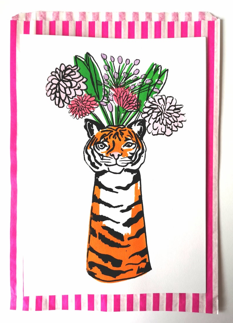 Tiger Vase Flowers A4 6 Colour Screenprint 220gsm White Paper image 6