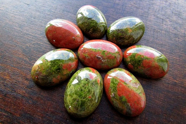 2 Pcs Natural Unakite Cabochons 18x13mm Green Red Stone