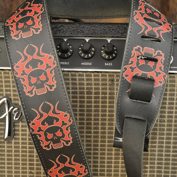 Flaming Skulls and Bones Vulture Kulture Guitar Strap