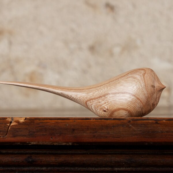 Small Long Tailed Bird Sculpture Hand Carved by Perry Lancaster From Reclaimed French Elm Wood, Classic Comfort Bird Wooden Carving