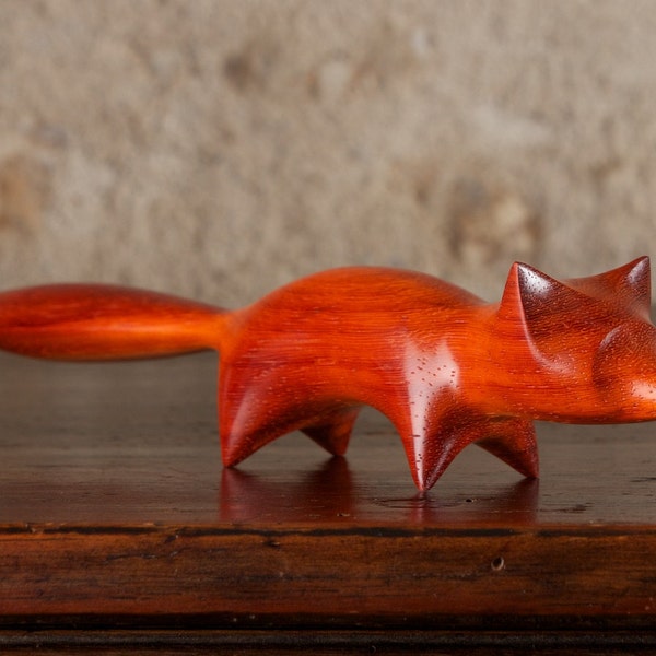 Abstract Wooden Fox Carving by Perry Lancaster, Padauk Wood Sculpture, Authentic & Original
