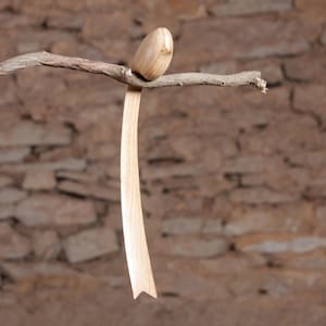 Perching Bird Sculpture Hand Carved by Perry Lancaster from French Oak Wood, Balancing Long Tailed Bird
