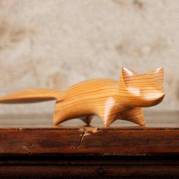 Abstract Fox Sculpture Hand Carved From European Yew Wood by Perry Lancaster, Stretched Out Stylised Wooden Fox Genuine PJL Design jf