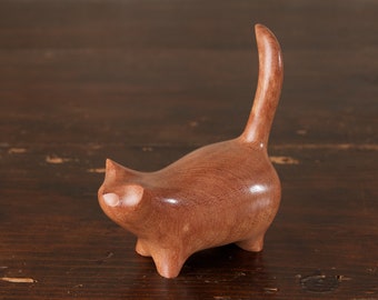 Genuine Martha Cat Hand Carved by Perry Lancaster From Pomelle Sapele Wood, Original Wooden Tail Up Cat Statue Sculpture Wooden Cat Figurine