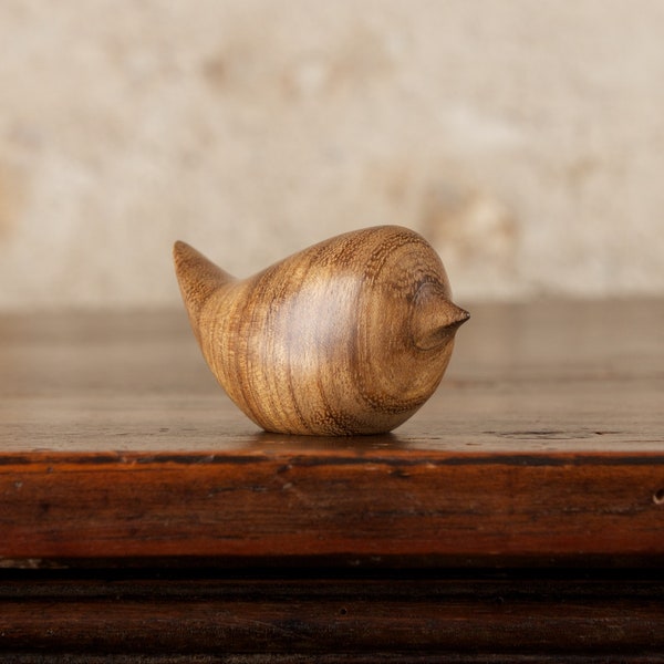 Small Wooden Wren Sculpture Hand Carved by Perry Lancaster from Amazaque Ovangkol Wood, Round Bird Smooth Pebble Natural Stress Relief