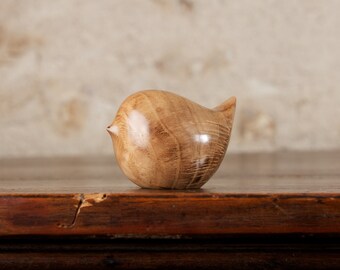 Small Wren Sculpture Hand Carved From Rustic French Oak Wood by Perry Lancaster, Fat Round Bird Carving Mottled European Wood