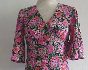 70s Pink Floral Long Dress / Vintage Angel Sleeve Maxi Dress
