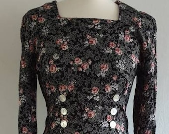 Vintage Square Neck Long Straight Dress / 80s Floral Pink Black Printed Dress