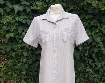 Vintage M&S Dress  / 80s Striped Shirt Dress / Vintage Dress  / / Pale Blue Cream Striped Dress / UK Size 10-12