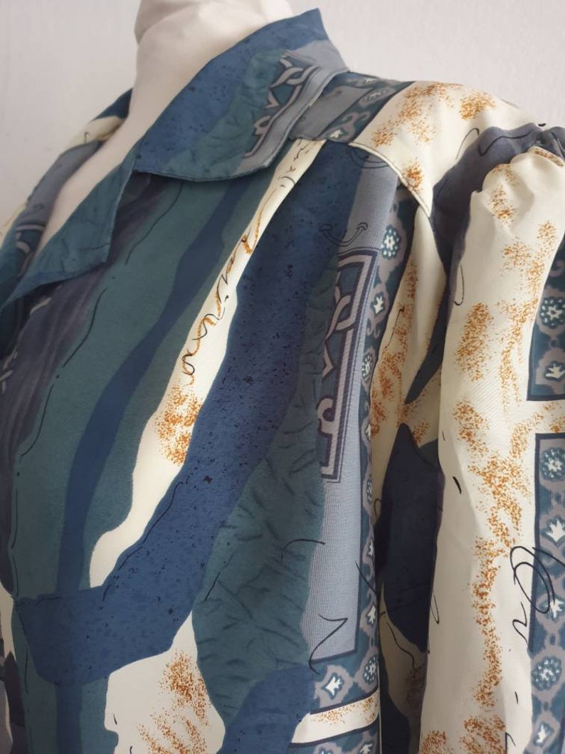 Vintage Blouse 80s Blouse Abstract Print Blouse Vintage Top Silky Top Grey Teal Blouse Size Medium Large